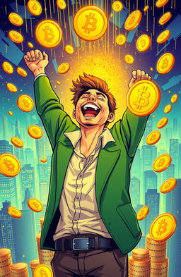 A visually striking illustration depicting the concept of becoming rich through Bitcoin investment, featuring a person joyfully celebrating their newfound wealth