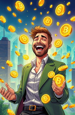 A visually striking illustration depicting the concept of becoming rich through Bitcoin investment, featuring a person joyfully celebrating their newfound wealth