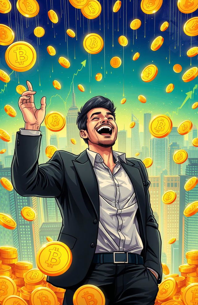 A visually striking illustration depicting the concept of becoming rich through Bitcoin investment, featuring a person joyfully celebrating their newfound wealth