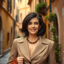 A 39-year-old woman with dark hair and striking Italian features, fully dressed in elegant and fashionable clothing