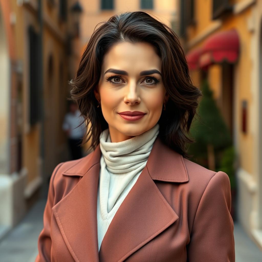 A 39-year-old woman with dark hair and striking Italian features, fully dressed in elegant and fashionable clothing