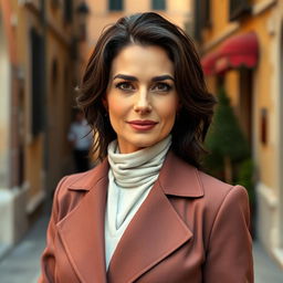 A 39-year-old woman with dark hair and striking Italian features, fully dressed in elegant and fashionable clothing