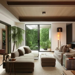 A spacious, cozy living room with modern furnishings, warm lighting, and touches of greenery