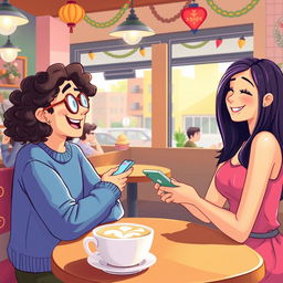 A vibrant and charming digital illustration depicting a cozy café scene where two friends are engaged in a lively conversation over coffee