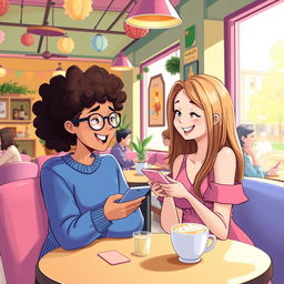 A vibrant and charming digital illustration depicting a cozy café scene where two friends are engaged in a lively conversation over coffee