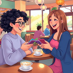 A vibrant and charming digital illustration depicting a cozy café scene where two friends are engaged in a lively conversation over coffee