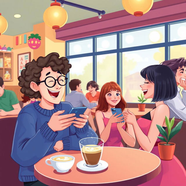 A vibrant and charming digital illustration depicting a cozy café scene where two friends are engaged in a lively conversation over coffee