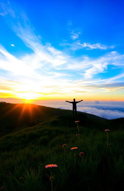 A mesmerizing scene inspired by the song 'Bumi Melangit' by Pipih Sr, depicting a radiant sky filled with vibrant colors of dawn breaking over lush green hills