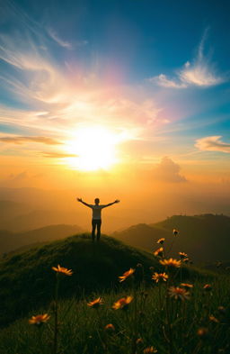 A mesmerizing scene inspired by the song 'Bumi Melangit' by Pipih Sr, depicting a radiant sky filled with vibrant colors of dawn breaking over lush green hills