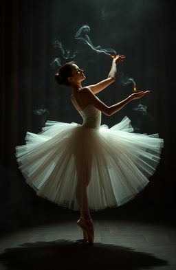 A surreal scene depicting a graceful ballet dancer, beautifully dressed in a flowing, elegant tutu, performing an intricate ballet pose in a moody, dimly lit theater