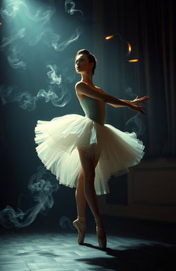 A surreal scene depicting a graceful ballet dancer, beautifully dressed in a flowing, elegant tutu, performing an intricate ballet pose in a moody, dimly lit theater