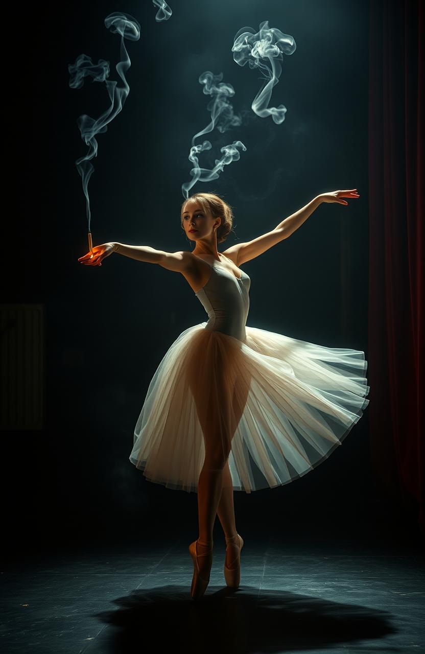 A surreal scene depicting a graceful ballet dancer, beautifully dressed in a flowing, elegant tutu, performing an intricate ballet pose in a moody, dimly lit theater