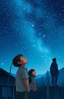 A young boy named Dwi Cahyo, the son of a humble farmer in Indonesia, gazes up at a starry night sky filled with countless twinkling stars, dreaming of becoming a successful architect