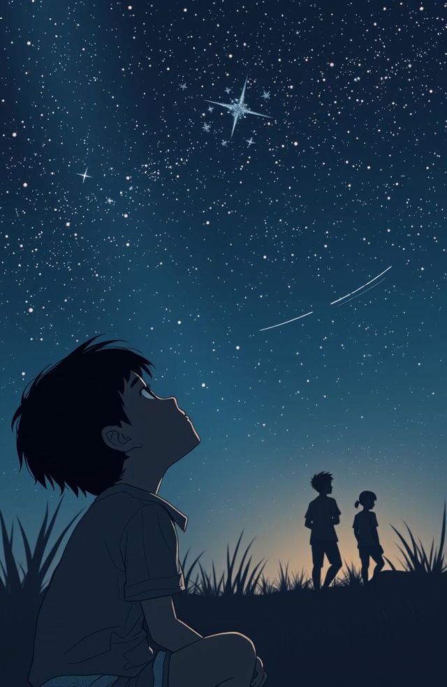 A young boy named Dwi Cahyo, the son of a humble farmer in Indonesia, gazes up at a starry night sky filled with countless twinkling stars, dreaming of becoming a successful architect