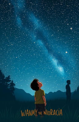 A young boy named Dwi Cahyo, the son of a humble farmer in Indonesia, gazes up at a starry night sky filled with countless twinkling stars, dreaming of becoming a successful architect