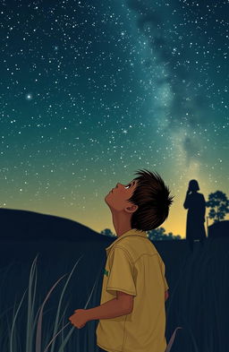 A young boy named Dwi Cahyo, the son of a humble farmer in Indonesia, gazes up at a starry night sky filled with countless twinkling stars, dreaming of becoming a successful architect