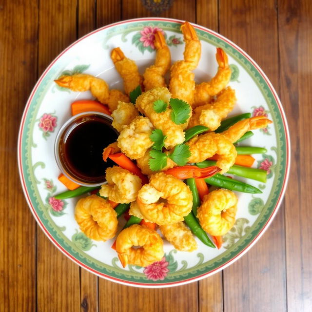 A vibrant plate of Indonesian tempura, showcasing a variety of crispy fried vegetables and shrimp, artfully arranged on a traditional Indonesian plate