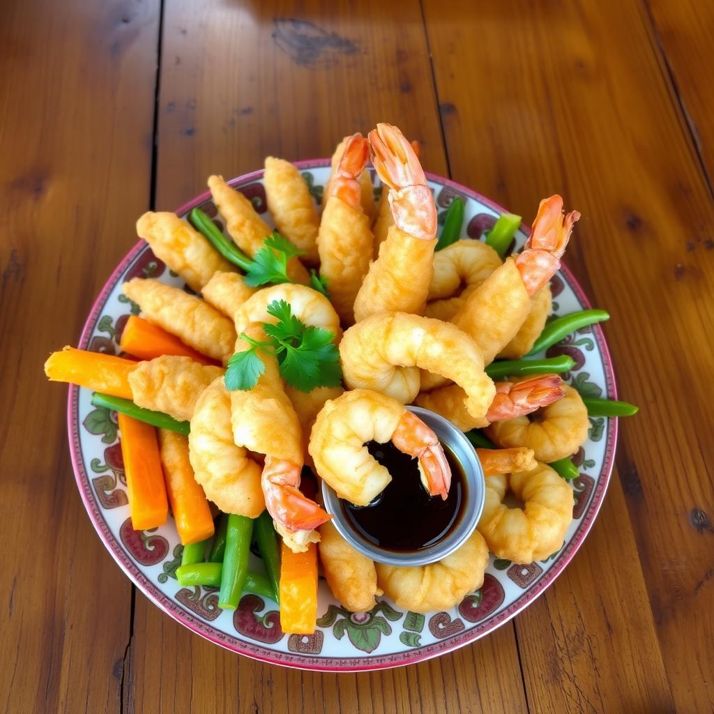 A vibrant plate of Indonesian tempura, showcasing a variety of crispy fried vegetables and shrimp, artfully arranged on a traditional Indonesian plate