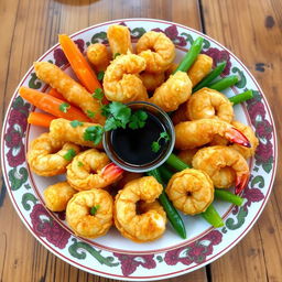 A vibrant plate of Indonesian tempura, showcasing a variety of crispy fried vegetables and shrimp, artfully arranged on a traditional Indonesian plate