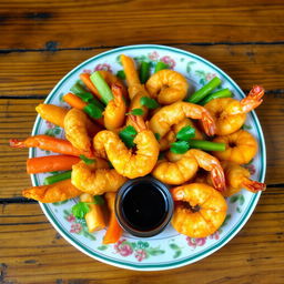 A vibrant plate of Indonesian tempura, showcasing a variety of crispy fried vegetables and shrimp, artfully arranged on a traditional Indonesian plate