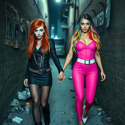 A sexy and beautiful 18-year-old girl with long, messy flame red hair and crystal blue eyes, showcasing bright frosted pastel blue eye shadow, thick black eye liner, thick black mascara with long eyelashes, and bright pink lipstick