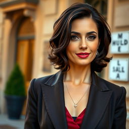 A 39-year-old woman with dark hair and captivating Italian features, completely dressed in elegant clothing