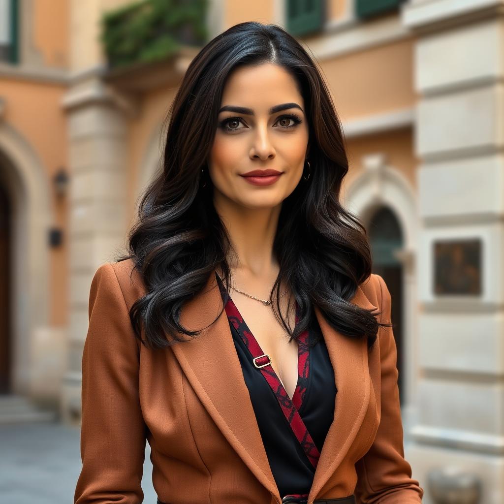 A 39-year-old woman with dark hair and captivating Italian features, completely dressed in elegant clothing