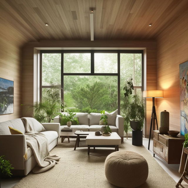 A spacious, cozy living room with modern furnishings, warm lighting, and touches of greenery