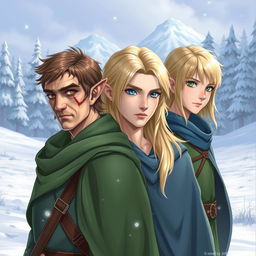 Three male elves in a snowy landscape