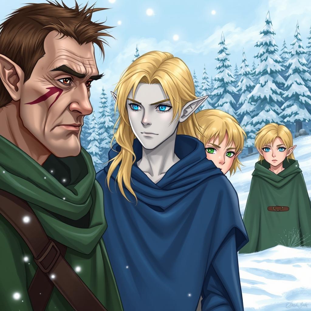 Three male elves in a snowy landscape