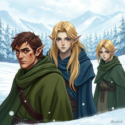 Three male elves in a snowy landscape