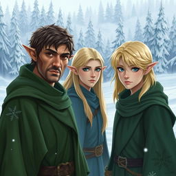 Three male elves in a snowy landscape