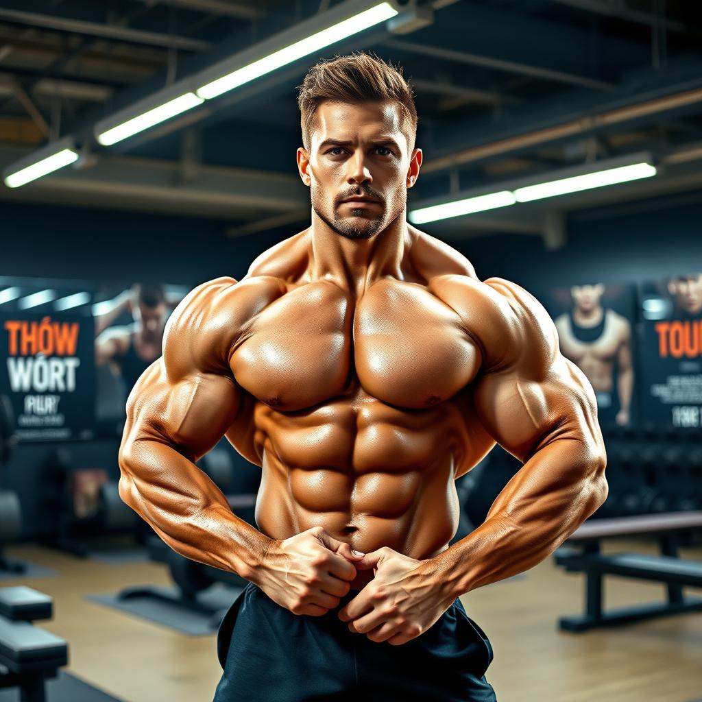 A muscular bodybuilder showcasing impressive physique and strength, posing confidently in a modern gym setting