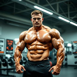 A muscular bodybuilder showcasing impressive physique and strength, posing confidently in a modern gym setting
