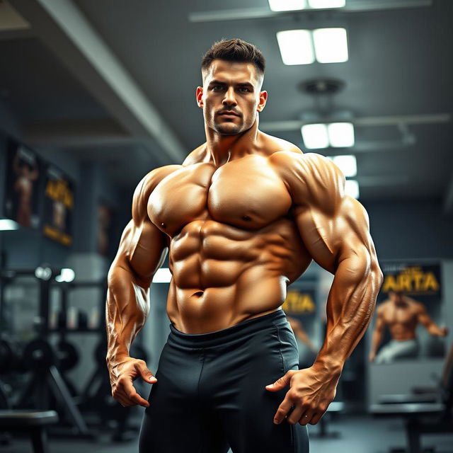 A muscular bodybuilder showcasing impressive physique and strength, posing confidently in a modern gym setting