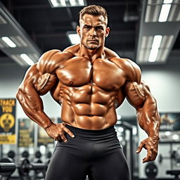 A muscular bodybuilder showcasing impressive physique and strength, posing confidently in a modern gym setting