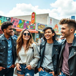 A group of fashionable friends in a vibrant urban setting, with the guy on the right having his hair styled in a trendy, well-groomed manner