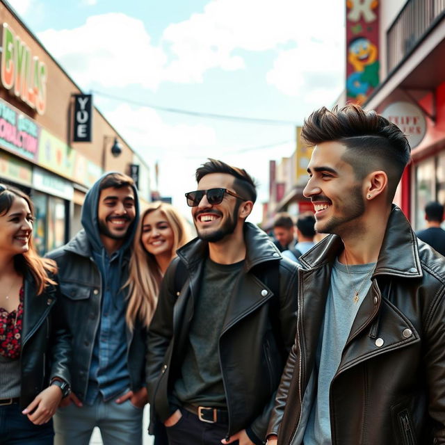 A group of fashionable friends in a vibrant urban setting, with the guy on the right having his hair styled in a trendy, well-groomed manner