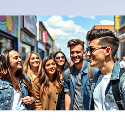 A group of fashionable friends in a vibrant urban setting, with the guy on the right having his hair styled in a trendy, well-groomed manner
