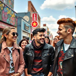 A group of fashionable friends in a vibrant urban setting, with the guy on the right having his hair styled in a trendy, well-groomed manner