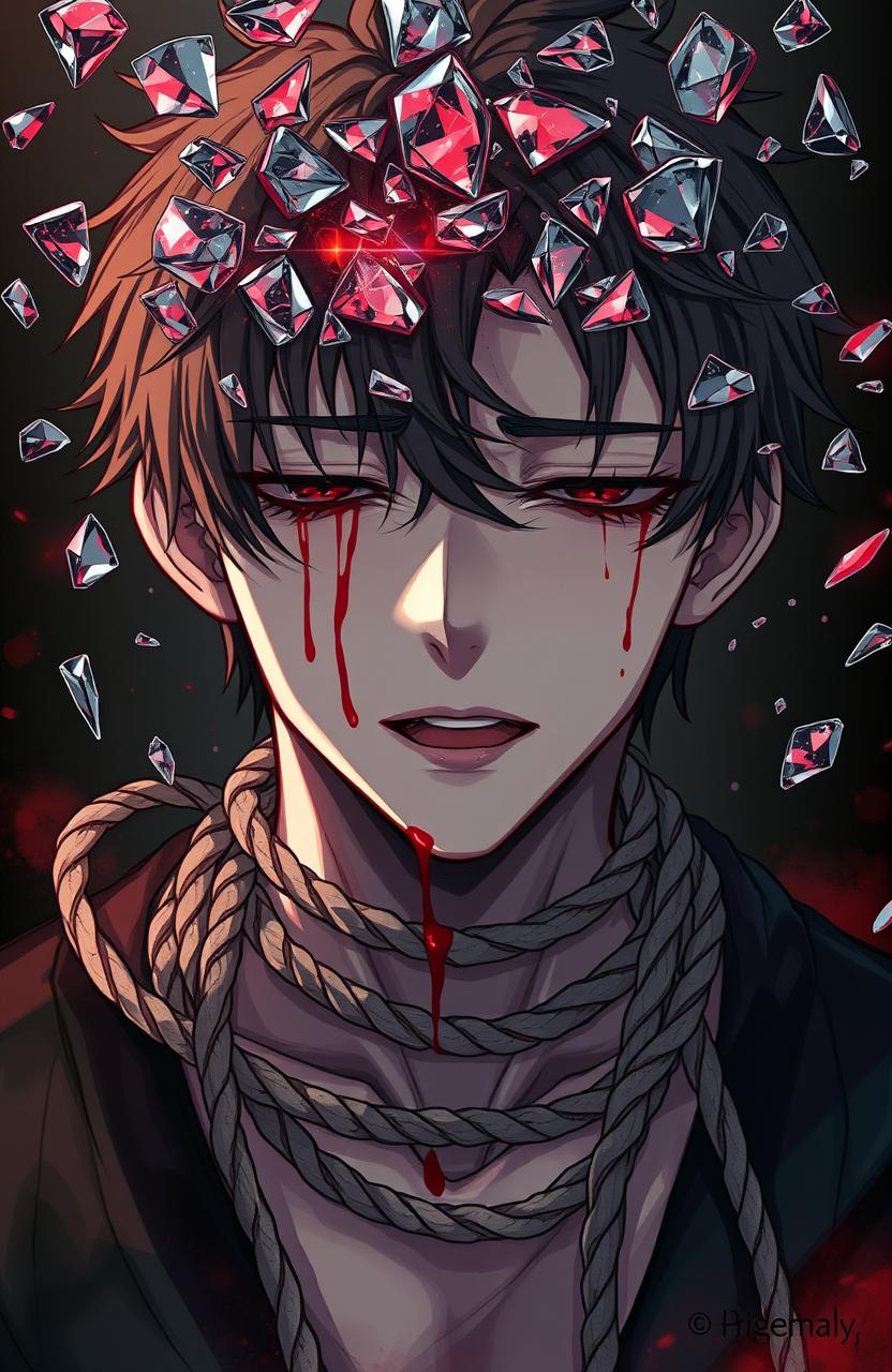 An anime male character in an emotional state, vividly expressing sorrow with tears of blood streaming down his face