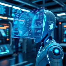A futuristic AI tool, sleek and streamlined design, glowing blue accents, holographic interface showing complex data patterns and analytics, high-tech setting with a digital screen displaying various statistics, the atmosphere is busy and advanced, with blurred digital elements in the background, indicating a high level of technological sophistication