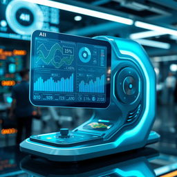 A futuristic AI tool, sleek and streamlined design, glowing blue accents, holographic interface showing complex data patterns and analytics, high-tech setting with a digital screen displaying various statistics, the atmosphere is busy and advanced, with blurred digital elements in the background, indicating a high level of technological sophistication