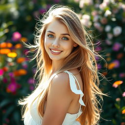 A beautiful close-up portrait of a young woman with long, flowing hair and striking blue eyes
