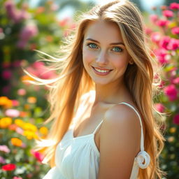 A beautiful close-up portrait of a young woman with long, flowing hair and striking blue eyes