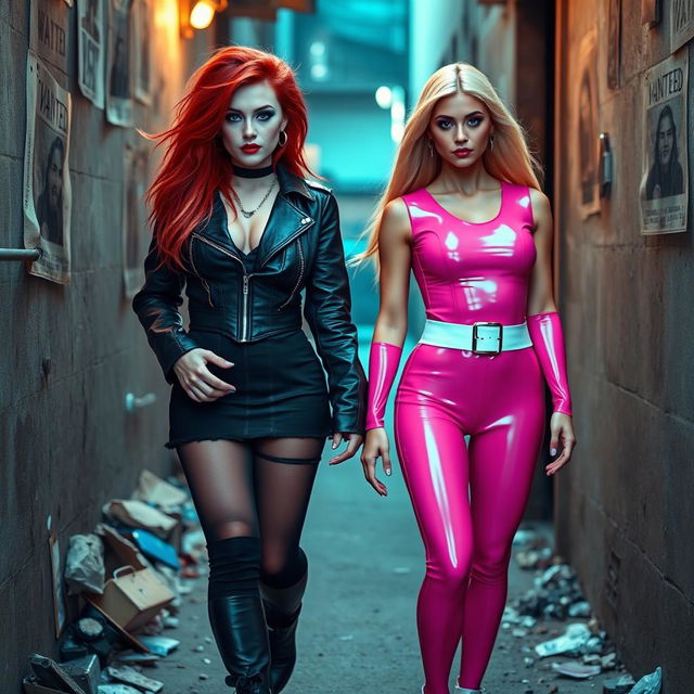 A sexy, beautiful, and curvy 21-year-old girl with long, messy flame red hair and striking crystal blue eyes, featuring bright frosted pastel blue eye shadow, thick black eye liner, thick black mascara that enhances her long eyelashes, and bright red lipstick