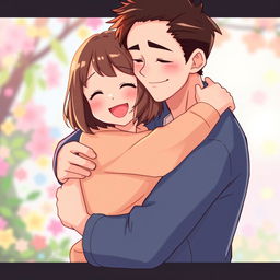A scene depicting two characters hugging each other in a warm embrace