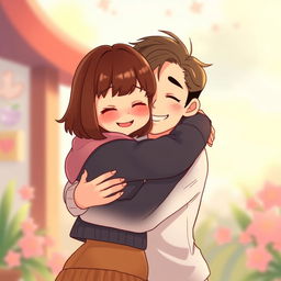 A scene depicting two characters hugging each other in a warm embrace