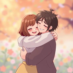 A scene depicting two characters hugging each other in a warm embrace