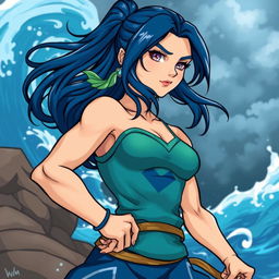 A stylized illustration of a confident and powerful female character inspired by a water-bending hero